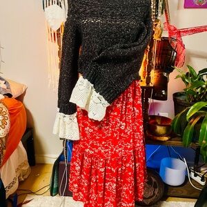 Upcycled Red Floral Women's Dress with Grey Wool Top